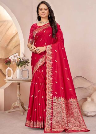 Red Silk Saree In Zari Woven Work