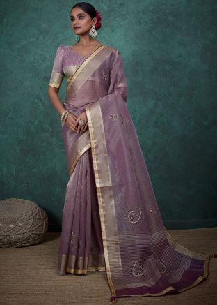 Mauve Purple Embroidered Linen Saree