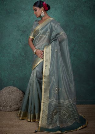 Grey Printed Linen Saree & Blouse
