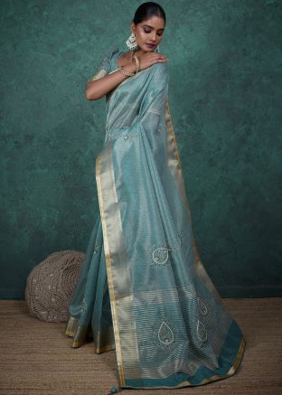 Blue Woven Border Saree In Linen