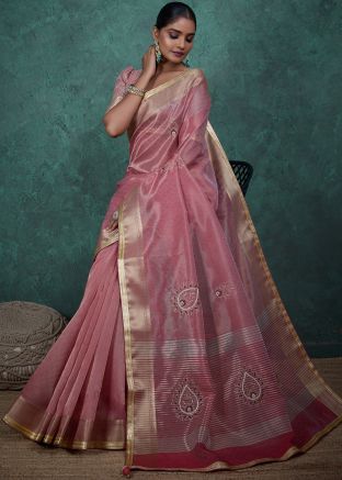 Pink Woven Border Saree In Linen