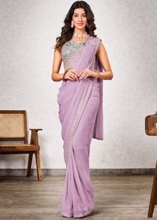 Mauve Pink Embroidered Pre-Stitched Saree