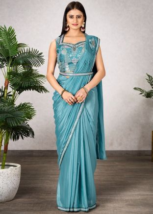 Pre-Stitched Blue Georgette Embellished Saree