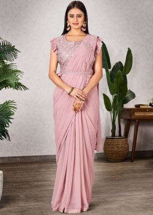 Pre-Stitched Pink Embellished Saree & Blouse