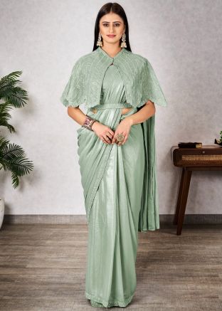 Pre-Stitched Sage Green Embellished Saree