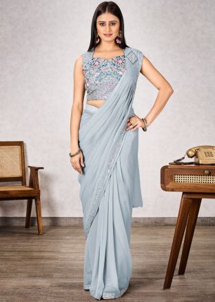 Pre-Stitched Grey Embellished Saree In Georgette
