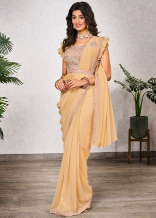 Pre-Stitched Yellow Georgette Embellished Saree