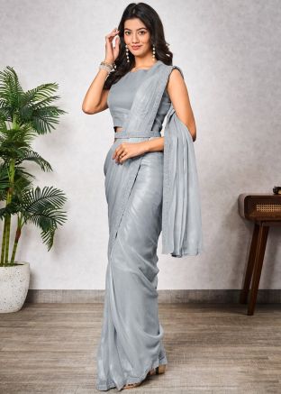Pre-Stitched Grey Embellished Border Saree