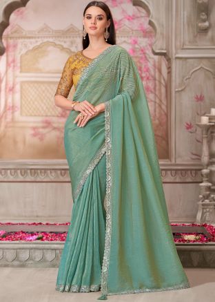 Blue Embroidered Satin Saree