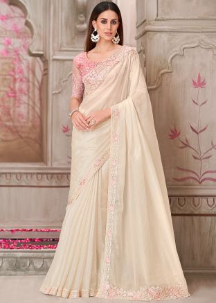 Cream Embroidered Saree In Satin