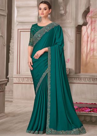 Teal Green Embroidered Satin Saree