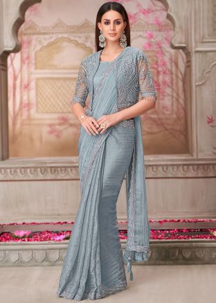 Grey Embroidered Saree In Georgette With Jacket