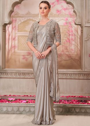 Grey Embroidered Saree In Satin With Jacket
