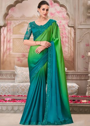 Blue Shaded Embroidered Saree In Satin