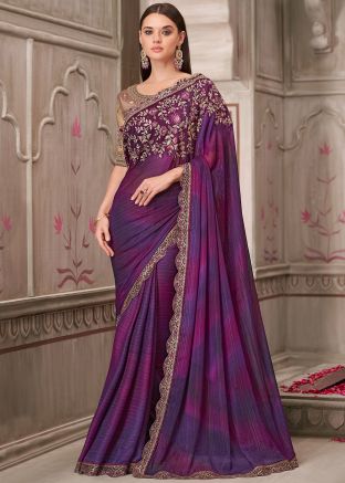 Purple Embroidered Saree In Satin