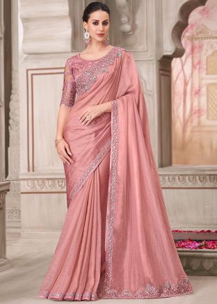 Pink Embroidered Saree In Satin