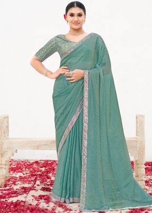 Dual Tone Sea Green Emebllished Satin Saree 