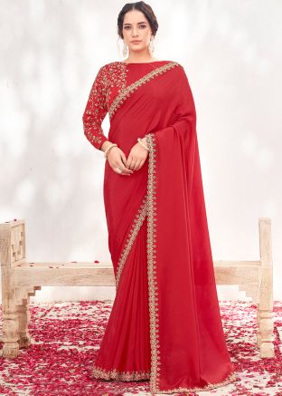 Red Embroidered Saree In Satin