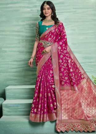 Pink Zari Woven Saree In Silk