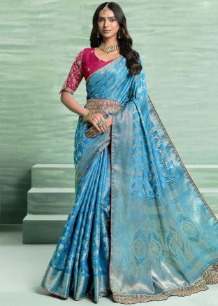 Blue Silk Saree In Woven Work