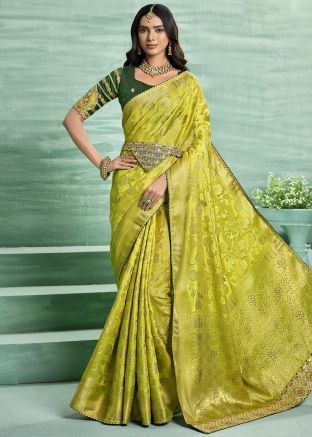 Parrot Green Woven Saree & Blouse