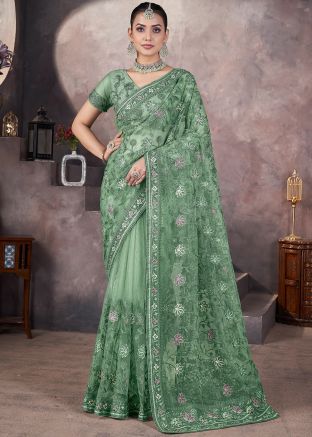 Green Embroidered Net Saree & Bloue