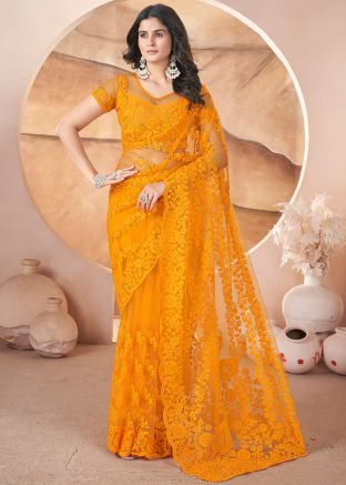 Yellow Embellished Saree In Net