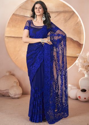 Blue Embellished Net Saree & Blouse
