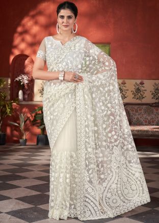 White Embellished Net Saree & Blouse