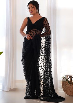 Black Thread Embellished Net Saree & Blouse