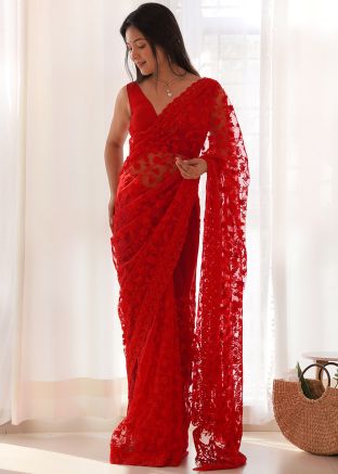 Red Embellished Saree & Blouse In Net
