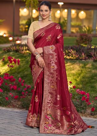 Maroon Zari Woven Saree In Art Silk