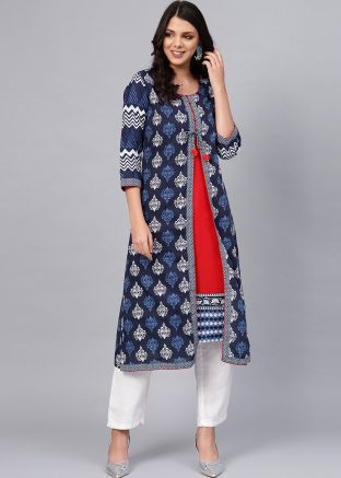 Readymade Navy Blue Floral Printed Cotton Kurta