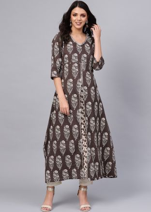 Readymade Floral Printed Kurta In Brown