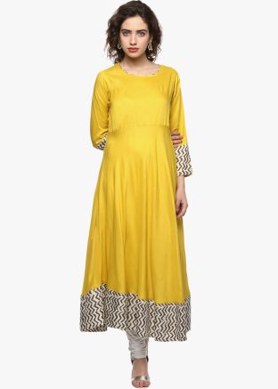 Yellow Readymade Printed Rayon Long Kurta