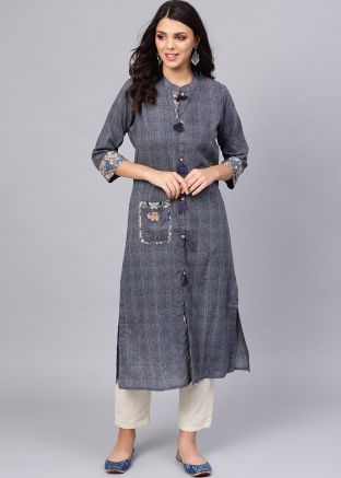 Front Slit Style Readymade Kurta In Navy Blue