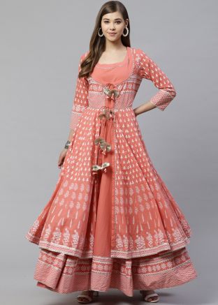 Readymade Jacket Style Long Kurta In Peach