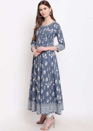 Grey Readymade Anarkali Style Kurta In Cotton