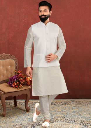 White Plain Readymade Kurta Pajama With Jacket