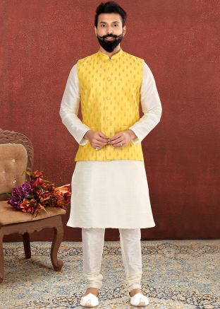Readymade White Kurta Churidaar With Yellow Jacket