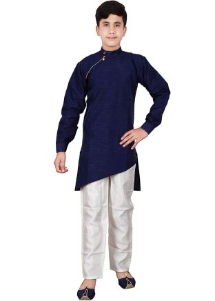 Navy Blue Asymmetric Dupion Silk Kids Kurta Pant Set