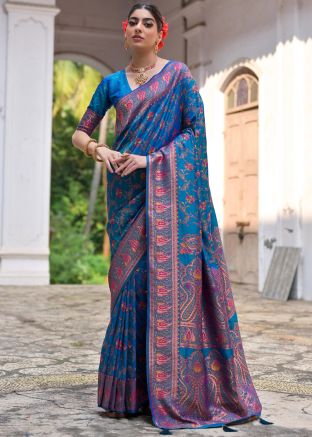 Blue Art Pashmina Silk Woven Saree & Blouse