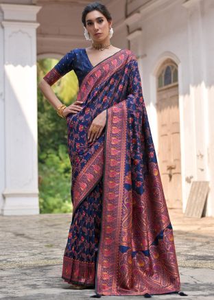 Navy Blue Art Pashmina Silk Saree In Woven Work