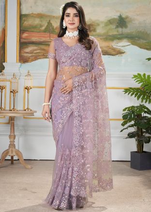 Purple Embellished Net Saree & Bloue