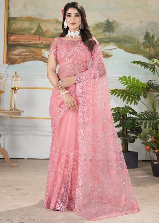 Coral Peach Embroidered Saree