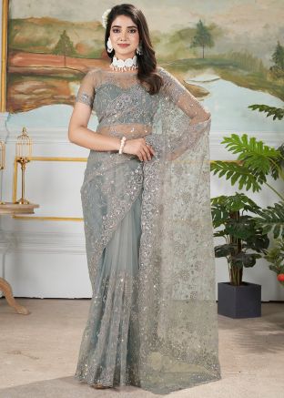 Grey Sequins Work Net Saree