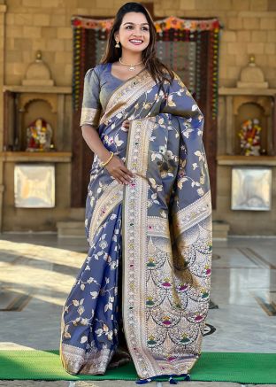 Grey Zari Woven Art Silk Saree