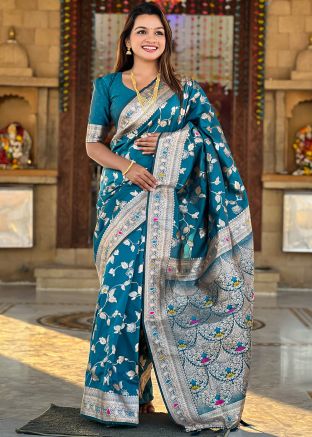 Teal Blue Art Silk Woven Saree