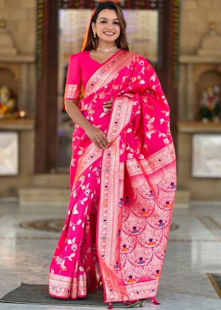 Pink Art Silk Saree In Woven Work