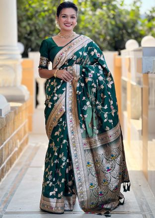 Dark Green Zari Woven Saree & Blouse